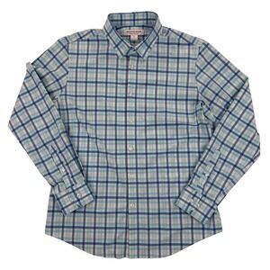 Mizzen Main Men's Large Trim No Tuck Dress Shirt Blue Plaid Performance Stretch